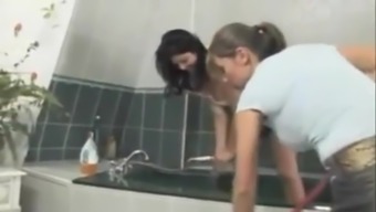 Gorgeous Babes Are Having Fun Together With A Neighbor In The Bathroom