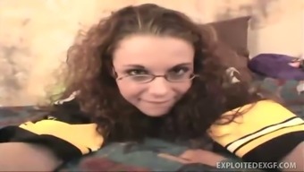 Curly Nerdy Amateur Whore Has A Glass Dildo To Pet Her Own Pussy