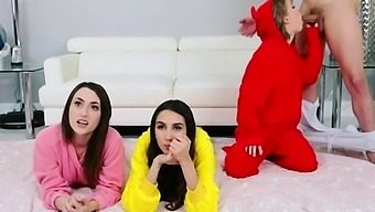 Three Girlfriends Spicing Up Pajama Party With A Cock