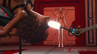 Space Sex. 3d Alien Shemale Plays With A Sexy Ebony In Restraints On The Exoplanet