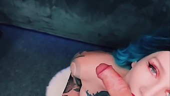 Blue Haired Minx Gets A Huge Facial After A Sloppy Blowjob