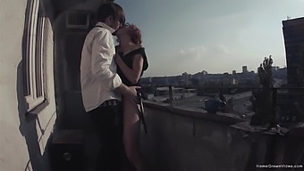 Outdoor Sex On The Balcony With A Skinny Girlfriend Wearing Glasses