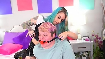 Blue Haired Pearl Sage Puts On A Strap On Toy To Fuck A Horny Dude