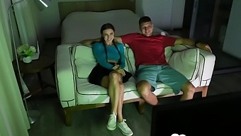 Young Brunette Gives A Hardcore Blowjob On The Sofa